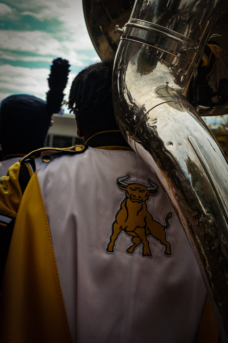 A sousaphone with the Golden Bull crest